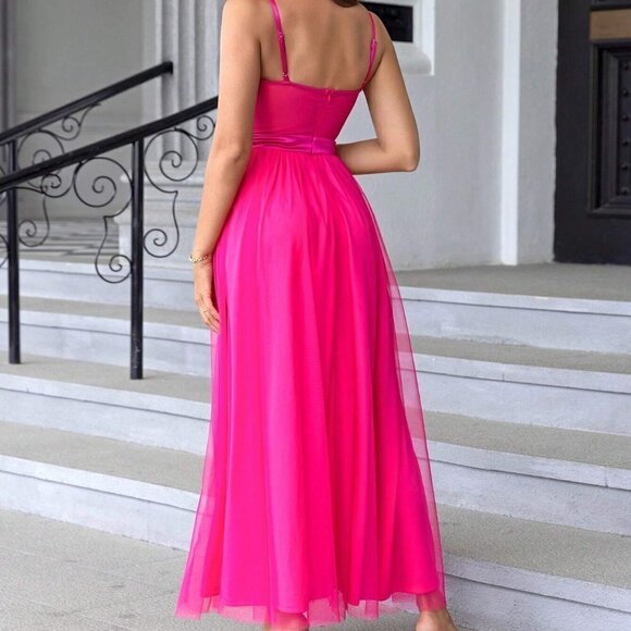 Pink Boho Womens Split Thigh Mesh Cami Dress - Picture 2 of 5